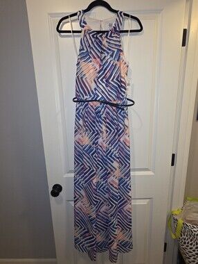 DR Collection Blue & Pink Geometric Halter Maxi Dress